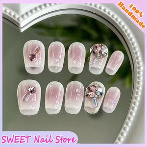 Kunstnagels Roze Draagbare tips Handgemaakte pers op stickers Afgewerkte diamantaccessoires Kleur Korte nagel Medium Ballet