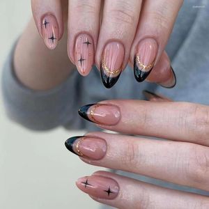 False nagels druk op 24 -stks medium amandel nep zwart frankrijk koele stijl met gouden glitter poeder voor vrouwelijke meisjes tieners