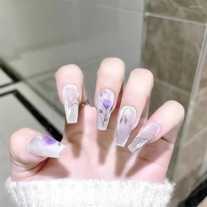 Prensa de uñas postizas en uñas artificiales largas mate puntas de ataúd de Ballet con diseños de rosas coloridas adhesivo reutilizable