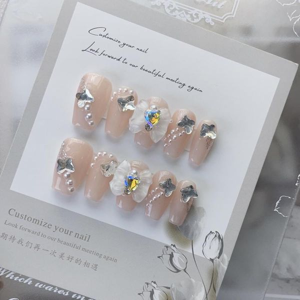 Uñas postizas Presione sobre uñas postizas hechas a mano Cubierta completa coreana cuadrada corta con diseños Diamantes de imitación profesionales Acryli para niñas