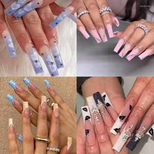 Faux ongles presse sur Long coeur bleu cercueil étoile manucure fausse ballerine couverture motif brillant conseils ongles complet Des J7N9 Prud22