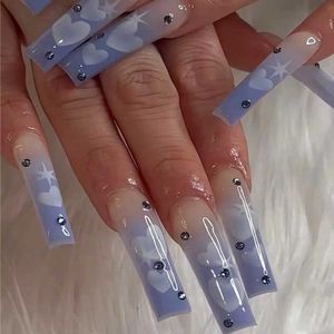 Faux ongles appuyez sur des clous long coeur bleu cercueil faux ongles étoiles étoiles de conception de motif brillant ballerine fausses ongles manucure couverture complète