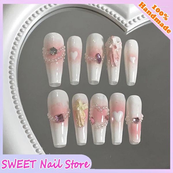 Faux Ongles Presse Sur Les Conseils Patch Produit Fini Doux Rose Et Blanc Perle Coeur Conception Manucure Couverture Complète Porter Faux