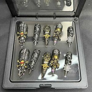 Kunstnagels Punk Rock Schedel Druk op nagels Y2K Halloween Kunstnagels Tips Handgemaakte lange stiletto kist Herbruikbare acryl nepnagel met lijm Q231114