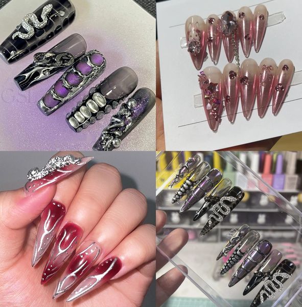 Uñas postizas Punk Y2k Uñas postizas de metal hechas a mano de 50 mm Esmalte con brillo usable Uñas postizas Cubierta completa Puntas de uñas acrílicas Prensa en las uñas 230927