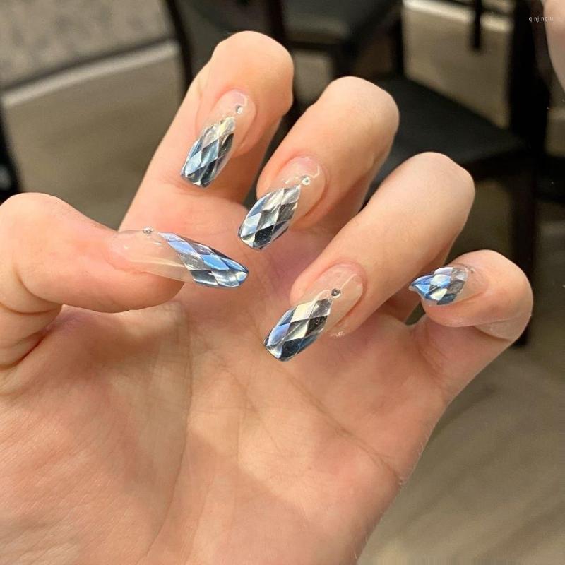 Faux ongles pur fait à la main sirène paillettes diamant mer bleu strass mi-longueur ongles Patch pratique à porter et facile à enlever