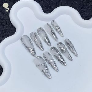 Kunstnagels Pure handgemaakte nagels Druk op volledige dekking Professionele nagels Premium koele toon zilver magische spiegel poeder afgewerkt lange nepnagels 231204