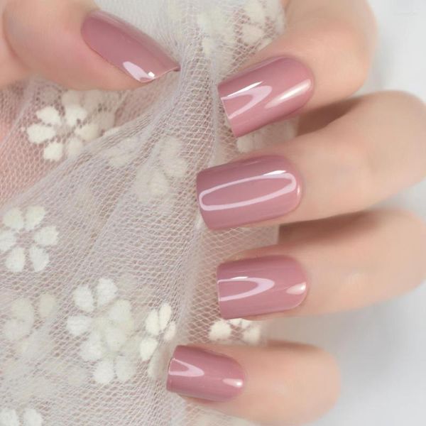 Uñas postizas Pure Milk Tea Red Pink Press On Medium Squoval Glossy Gel Salon Manicure Reutilizable Daily DIY Fake Tips