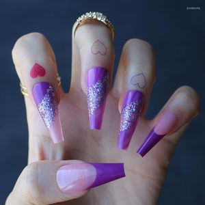 Valse nagels paarse Franse heldere glitter kist extra lengte nep ballet faux ongles roze mode prud22