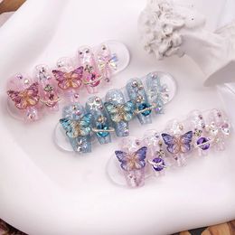 Uñas postizas Púrpura Brillo Diamante de imitación Mariposa Prensa hecha a mano en las uñas Y2K Uñas postizas largas y cortas Joyería para niñas Consejos de uñas postizas reutilizables 231121