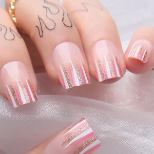 Uñas postizas Rectang Pink French Gold Glitter Manual Doodle Art Design Press On Square Nude Fake Glossy Full Cover Nail