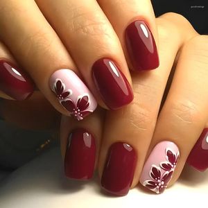 Faux ongles fleur rouge faux ongles conseils carrés presse française sur manucure portable couleur rétro 24 pièces