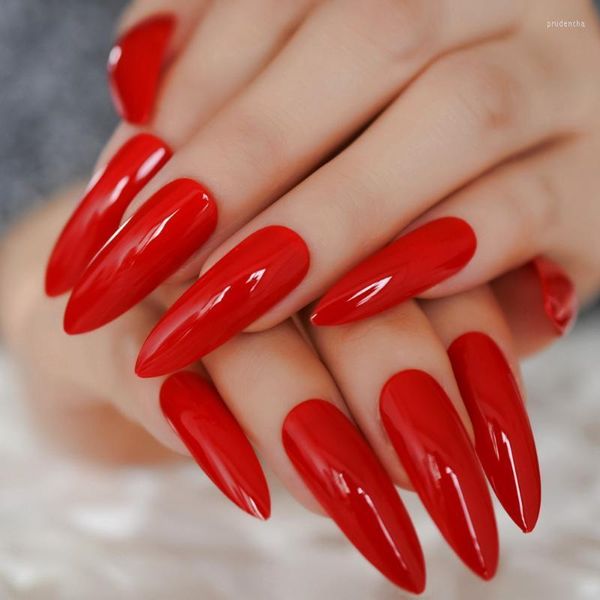 Uñas postizas Puntas de uñas artificiales con terminación afilada roja Llama Extra larga Dedo falso completo Stiletto Shine Lady 24PCS Prud22