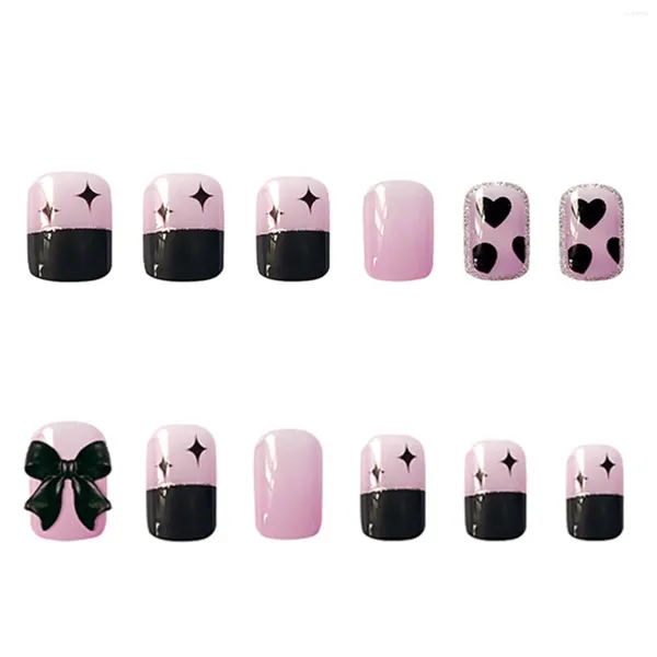Uñas postizas reutilizables, 24 Uds., Kit de uñas de Gel con pajarita negra, manicura de dedos artificiales para niñas y mujeres, decoración artística