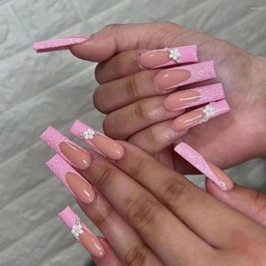 Valse nagels herbruikbaar schattige Franse nep nagel diy roze duurzame slijtage met glanzende glitter voor vrouwen en meisjesfeestactiviteit WD