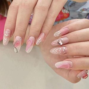 False Nails Rhinestone Chain Frosted with Love Diamond Designs Wearable Manicure Nail Tips Volledig dekpers op lange amandel