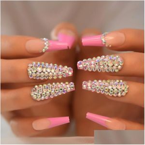 Faux Ongles Strass Nail Press Ons Extra Long Cercueil 3D Conçu Faux Bijou De Luxe Rosy Nude Royauté Conseils Drop Livraison Santé B Dhrnh