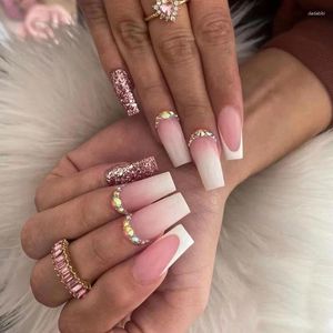 Faux Ongles Strass Rose Glitter Nail Art Faux Artificiel Carré Presse Sur Acrylique Conseils Super Long Amovible Ballerine