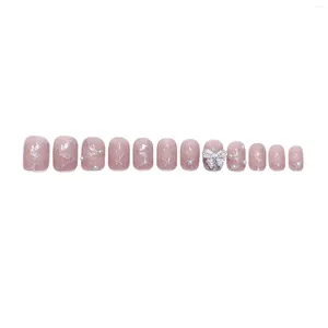 Kunstnagels Lint Glitter Setting Roze Lange Fake Volledige dekking Vierkante Kunstnageltips voor dames en meisjessalon