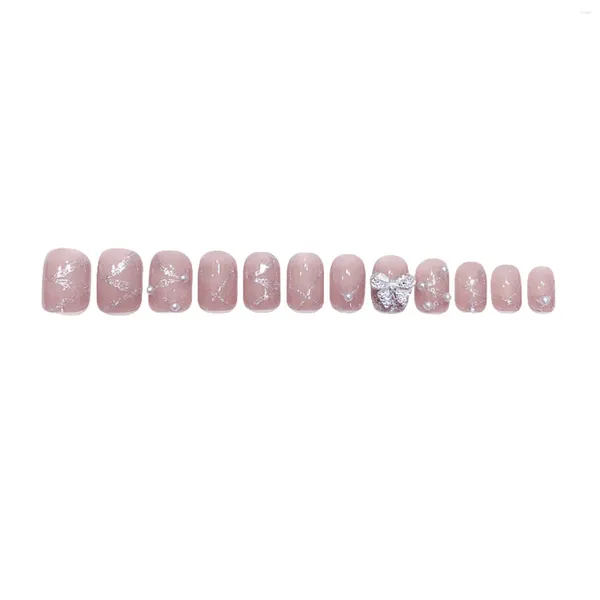 Faux ongles ruban paillettes réglage rose long faux couverture complète carré artificiel ongles conseils pour femmes et fille salon