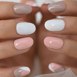 Faux ongles ronds faux ongles couverture complète artificielle blanc rose presse sur kaki court faux ongles Art conseils Designer 220225