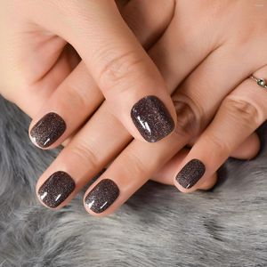 Kunstnagels Rond Glitter Cover Zwart Uv Gel Vingernagel Tips Herbruikbare Manicure Druk kort op voor dagelijks gebruik op kantoor