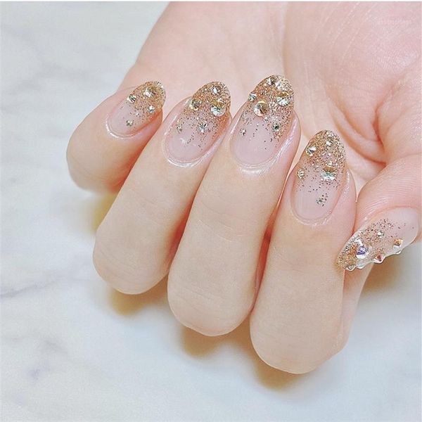 Uñas postizas redondas brillantes color champán color puro con diamante 24 piezas puntas de uñas completas para dama francesa lindas falsas