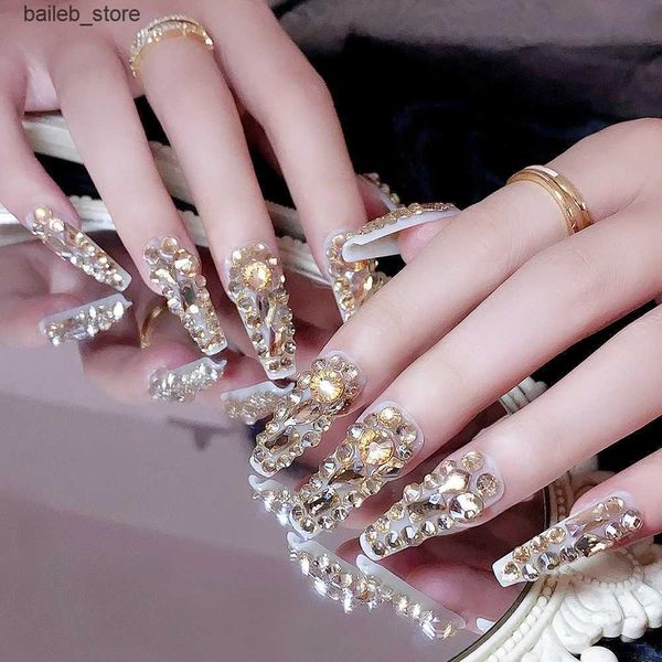 Faux ongles Hingestone en or brillant faux ongles paillettes Crystal Design Faux Nail Patches Full Finales Lady Bride Acrylique Nail Tips 24pcs Y240419 Y240419