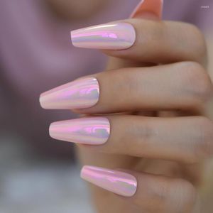 Valse nagels glanzende holografische roze amandel druk op lange reflecterende spiegelballerina Coffin nep vingersnails Extention Tool