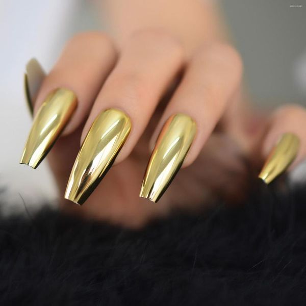 Uñas postizas, estilo Punk brillante, Color dorado metálico, chapado de Metal falso, espejo reflectante largo acrílico, puntas para decoración de uñas