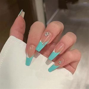 Faux ongles brillant strass cercueil français faux ongles conseils avec des dessins vert lac longue ballerine ensemble presse sur bricolage manucure