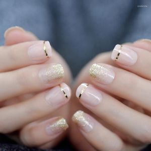 Valse nagels korte glitter natuurlijke nagel gouden rand schattige elegante vooraf ontworpen vinger rond glanzende tips prud22