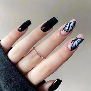 Valse nagels korte pers op nagel diy manicure rhinestone decor zwart vlinder vlinder ontwerp zoete stijl volledige dekking afgewerkte stukfalse