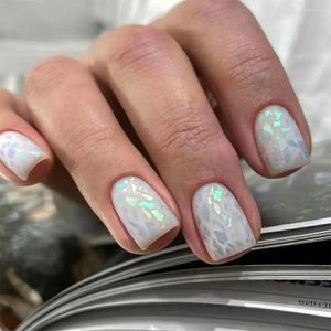 Faux ongles courts ronds détachables Aurora tranches françaises faux paillettes argent fleurs d'automne pointes d'ongles pour salon