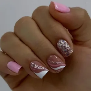 Faux ongles courts ronds mode français brillant ongles conseils couverture complète rose blanc faux pour salon