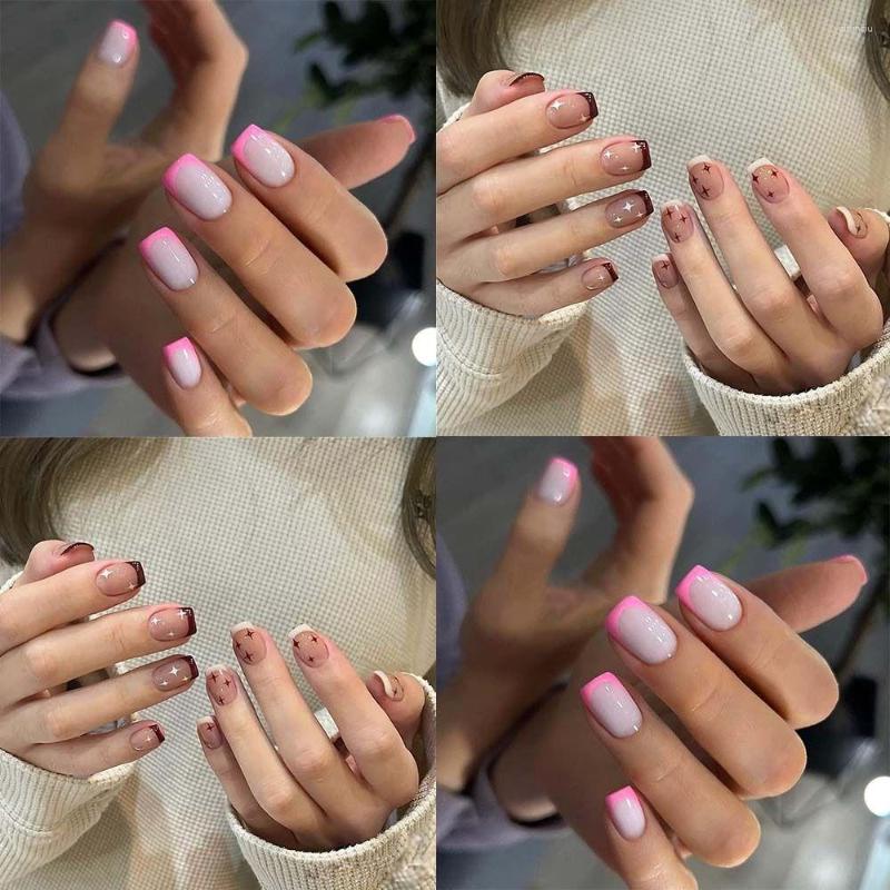 Falsche Nägel kurz runde Mode weiß brauner Star Pink Edge Nagel Tipps Voller Deckung abnehmbarer Fälschung für DIY