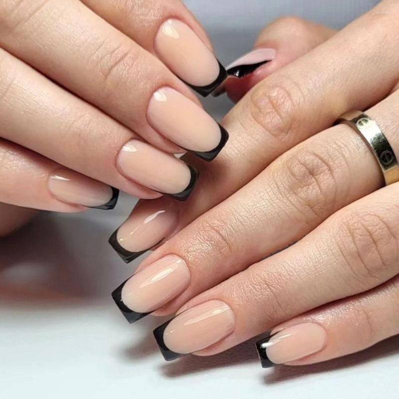 Faux ongles courts carrés noirs bord blanc couverture complète pointes d'ongles détachables faux Nials français bricolage