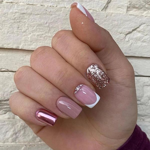 Uñas falsas consejos cortos de uñas cuadradas con diseños de moda Manicura perla perlé