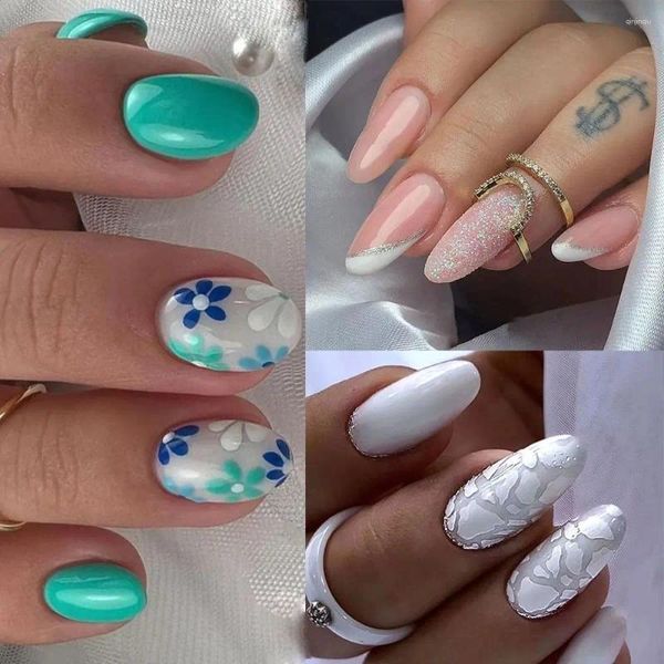 Uñas postizas Manicura francesa simple Rebanadas blancas Puntas de uñas ovaladas largas y cortas Haze Flor verde Prensa desmontable sobre mujeres