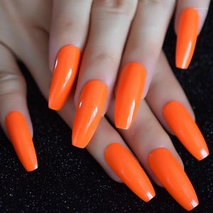 Faux ongles simples, jus d'orange, cercueil, longs, couleur pure, pointes artificielles, couverture complète, décoration pour fille, ballerine Prud22