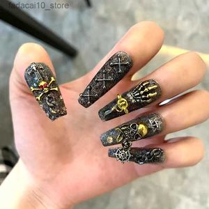 Faux Ongles Crâne Design Punk Rock Noir Faux Ongles Presse Sur Les Ongles À La Main Halloween Long Cercueil Réutilisable Faux Ongles Avec Colle DIY Manucure Q240122