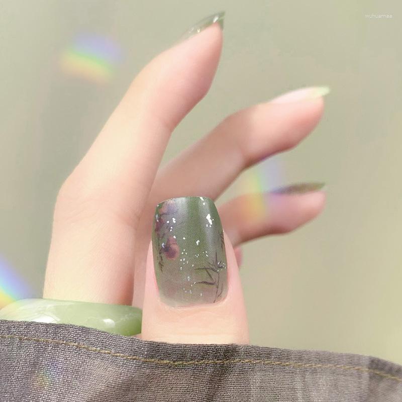 Faux ongles autocollants pour ongles doux, taches vertes en bambou, semi-transparentes, produits d'usure imperméables