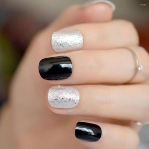 Valse nagels Sparkly Silver Glitter Short Classic Black Press On Fake Full Cover Acryl Bling Wear Nail Art-accessoires