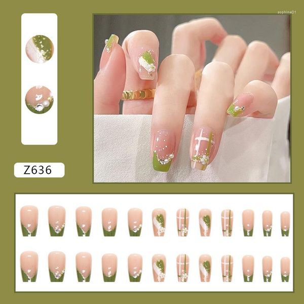 Faux ongles printemps été doux vert vif frais Nature fleur perle strass ligne blanche fini faux Art facile à porter colle