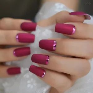 Uñas postizas cuadradas falsas mate rosa roja con Moo metálico tamaño mediano esmerilado acrílico Artificial Nail Art Tips pegamento pegatina