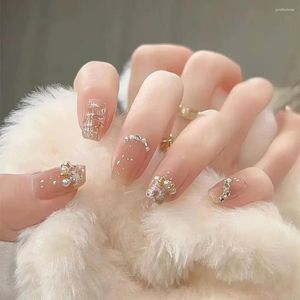 Faux ongles à tête carrée avec perles, pointes de longueur moyenne, presse sur faux portable, manucure française pour dame