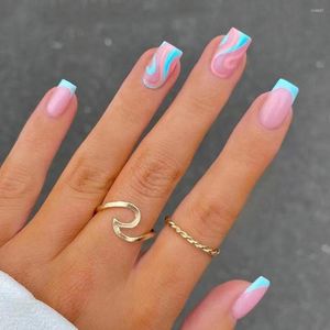 Valse nagels vierkante kop met ontwerpen Franse blauwe franje set druk op zomer dunne tips afneembare nep nagel
