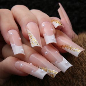 Valse nagels Plein Pers op nagels Handgemaakte klassieke Franse nagels Goudfolie Mixed Pearl Design Art Long Fake Nails Custom 230715