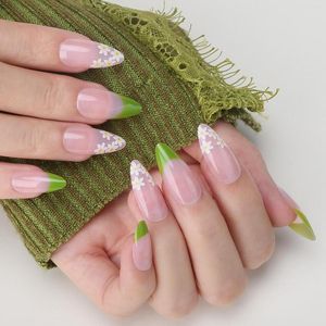 Uñas postizas Stiletto puntas de uñas completas rosa almendra verde francés falso con flores frescas Ombre diseño de flores acrílico Color transparente