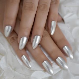 Faux ongles Stiletto métal complet faux ongles tête pointue moyenne artificielle gris mat couleur pure conseils simples Prud22